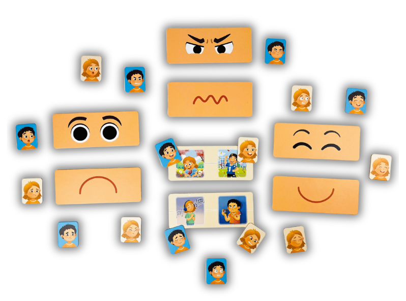 Elementy gry edukacyjnej Emocje - kolorowe planszetki i żetony do nauki uczuć