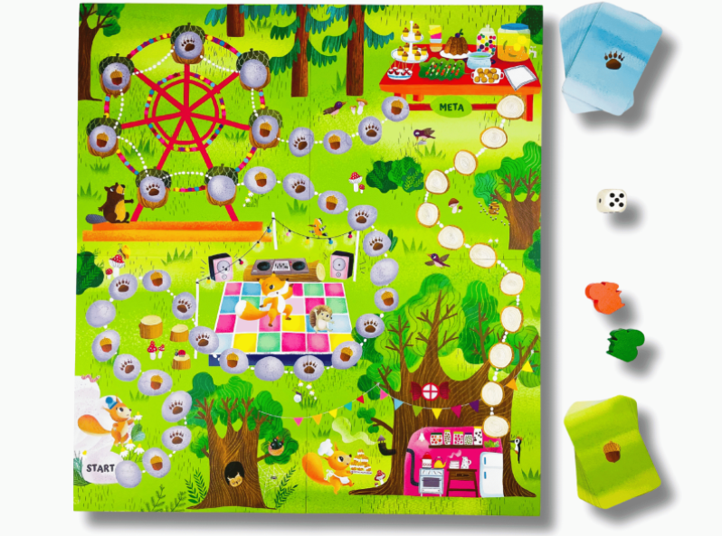Plansza i pionki gry logopedycznej Leśny bal od Kapitana Nauki – karty i akcesoria do zabawy