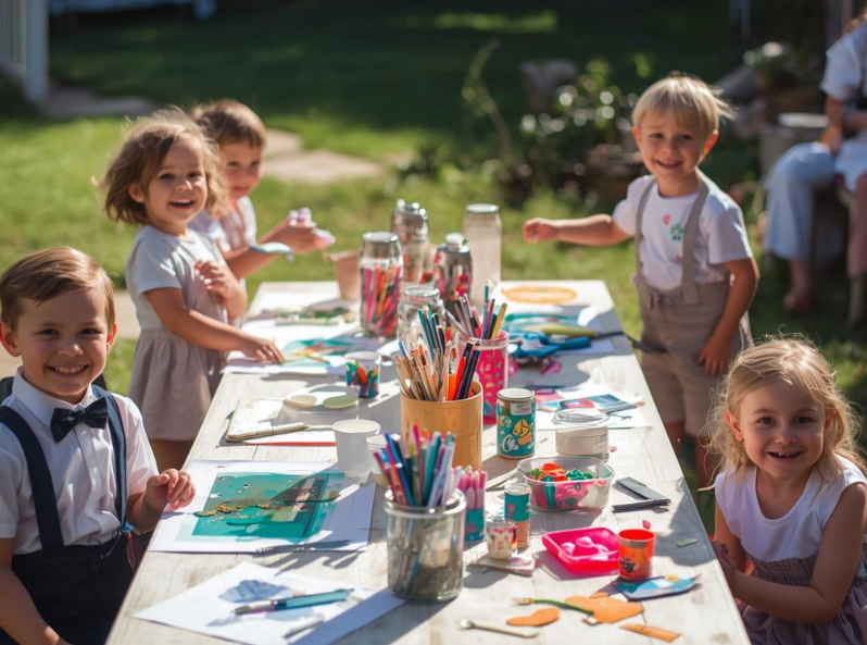dzieci bawią się kredkami przy stoliku kreatywnym na weselu