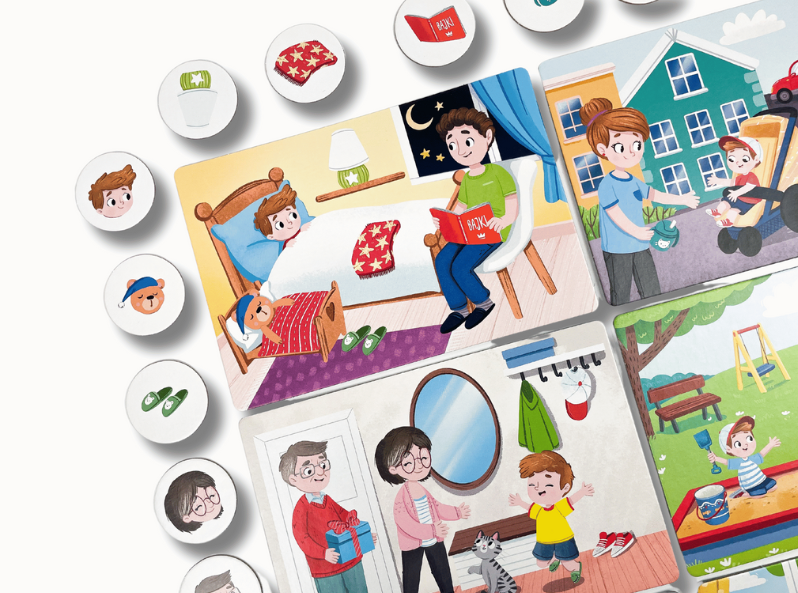 Plansze i żetony z gry Moja pierwsza gra. Już mówię - scenki z codziennego życia dziecka