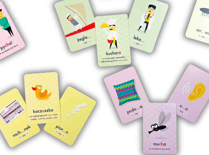 Przykładowe karty z pudełka Ortografia gra karciana EDUseria