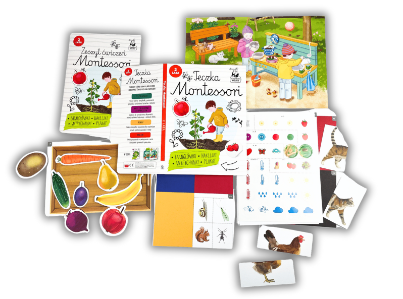 Teczka Montessori dla 2-latka z zadaniami rozwojowymi i naklejkami