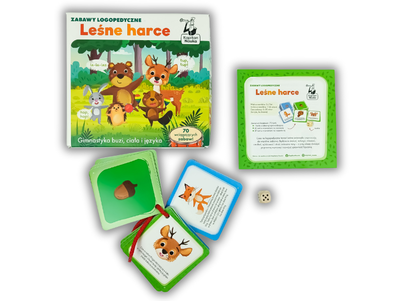 Leśne harce - zabawy logopedyczne z ruchem dla dzieci w wieku przedszkolnym – karty, instrukcja, kostka do gry i pudełko