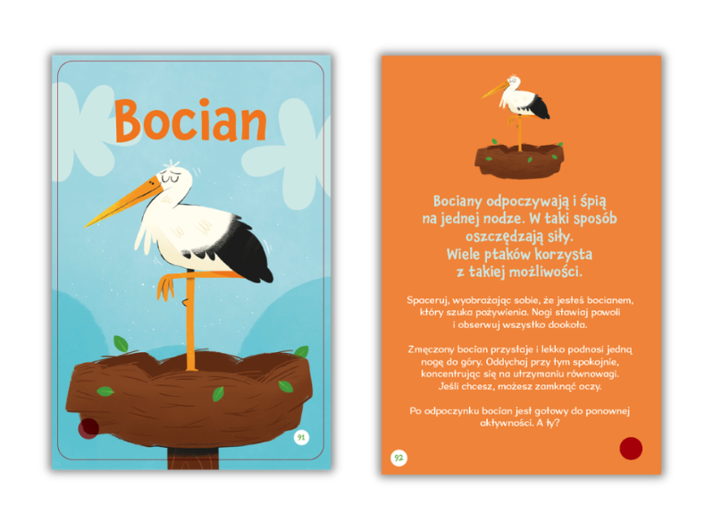 Trening mindfulness – Uważność dla dzieci, karty edukacyjne dla przedszkolaków od 4 lat – karta bocian, awers i rewers