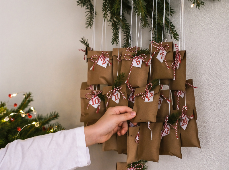 Kalendarz adwentowy w formie zawieszanych torebek papierowych.
