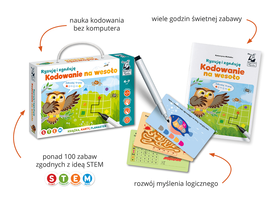 Kodowanie na wesoło (4–7 lat) to zestaw edukacyjnych zabaw z bestsellerowej serii Rysuję i zgaduję - do nauki kodowania dla dzieci.