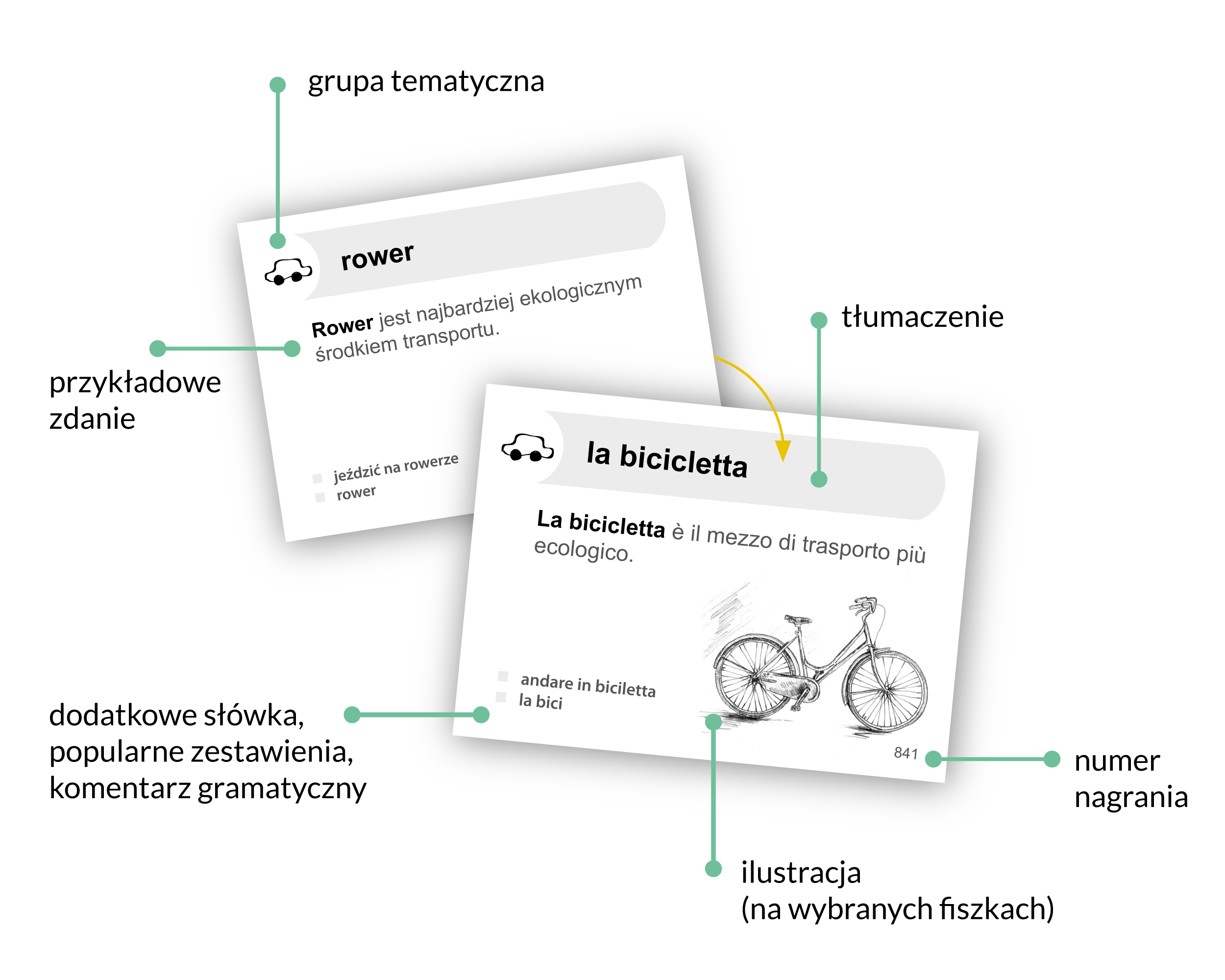 Wizualizacja fiszki z włoskim słowem, przykładowym zdaniem, ilustracją, nagraniem i tłumaczeniem na język polski